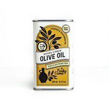 Load image into Gallery viewer, A 250 ml can of Funky Fuma Extra Virgin Olive Oil on a clean white background. The can features a vintage-style label with yellow, white, and black colors, depicting an olive branch illustration and a small illustration of a skull inside an eye socket.