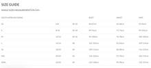 Load image into Gallery viewer, Size guide chart for clothing measurements in centimeters with South African sizing.