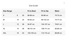 Load image into Gallery viewer, Size guide chart for clothing with size ranges, fit measurements, and waist sizes.