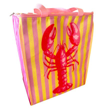 Load image into Gallery viewer, Cooler bag with red lobster design on pink and yellow striped background