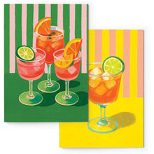 Load image into Gallery viewer, Two notebooks with colourful cocktail illustrations on striped backgrounds