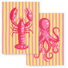Load image into Gallery viewer, Two notebooks with pink lobster and octopus designs on yellow and pink striped backgrounds.