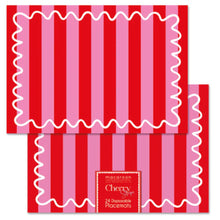Load image into Gallery viewer, Red and pink striped disposable placemats with a visible brand label on a white background.