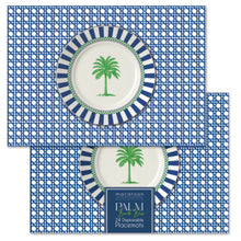 Load image into Gallery viewer, Set of disposable placemats with palm tree design on a blue geometric pattern