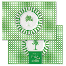 Load image into Gallery viewer, Green and white disposable placemats with palm tree design on a white background