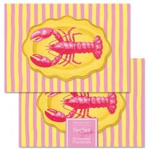 Load image into Gallery viewer, Set of disposable placemats with lobster design on a yellow and pink striped background