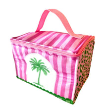 Load image into Gallery viewer, Small pink striped cooler bag with green palm on the front & green leopard print on the sides