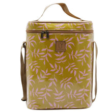 Load image into Gallery viewer, Yellow cooler bag with pink leaf pattern on a white background