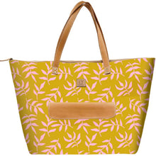 Load image into Gallery viewer, Yellow tote bag with pink leaf pattern and brown handles on a white background