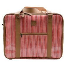 Load image into Gallery viewer, Red and pink striped suitcase with brown accents on a white background