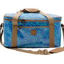 Load image into Gallery viewer, Blue patterned cooler bag with brown straps on a white background