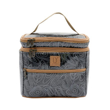 Load image into Gallery viewer, insulated toiletry bag with black & white pattern and brown accents on a white background