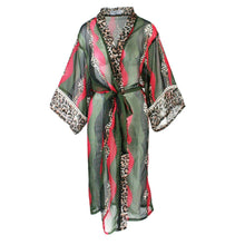 Load image into Gallery viewer, Green and red patterned robe with leopard print details on a white background