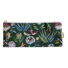Load image into Gallery viewer, Pencil case with tropical floral and bird design on a green background