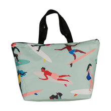 Load image into Gallery viewer, Beach bag with beach-themed design featuring people and surfboards on a light green background.
