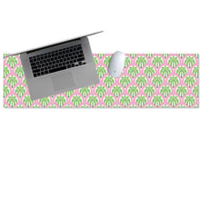 Load image into Gallery viewer, Laptop on a desk with a pink and green palm tree patterned desk mat.