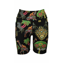 Load image into Gallery viewer, Colorful animal and nature patterned shorts with 'Rush' branding on a black background