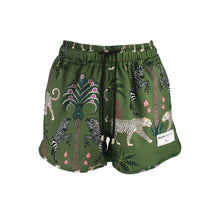 Load image into Gallery viewer, Green shorts with animal pattern on a white background
