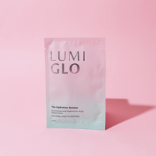 Load image into Gallery viewer, Lumi Glo hydration booster mask packaging on a pink background