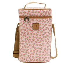 Load image into Gallery viewer, Pink leopard print wine cooler bag with brown straps on a white background