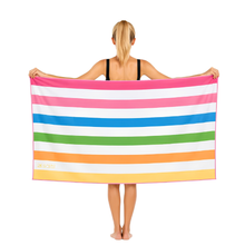 Load image into Gallery viewer, Person holding a colorful striped towel with a white background