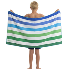 Load image into Gallery viewer, Person holding a striped towel with blue, green, and white colors on a white background