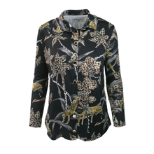 Load image into Gallery viewer, Black shirt with gold and white floral pattern on a white background