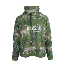 Load image into Gallery viewer, Green hoodie with animal pattern and 'Rush' branding on a white background