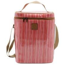 Load image into Gallery viewer, Red and pink striped cooler bag with a beige strap on a white background