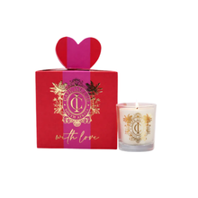 Load image into Gallery viewer, Red gift box with heart-shaped top and a candle featuring a Cape Island logo on a white background