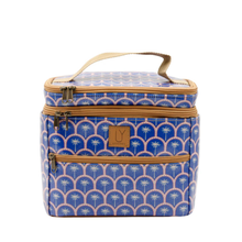 Load image into Gallery viewer, Stand up toiletry bag with blue palm tree pattern, brown leather handle & zips