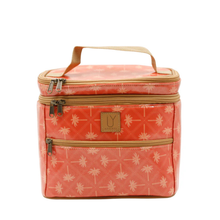 Load image into Gallery viewer, Coral coloured stand up toiletry bag with pink palm pattern, brown handle & zips