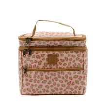 Load image into Gallery viewer, Pink and green leopard print stand up toiletry bag with brown accents on a white background
