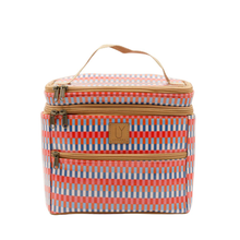 Load image into Gallery viewer, Checkered stand up toiletry bag with a visible brand logo on a white background