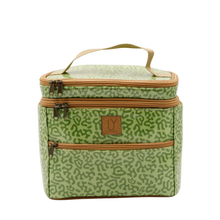Load image into Gallery viewer, Green patterned stand up toiletry bag with brown accents on a white background