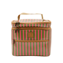 Load image into Gallery viewer, Pink & green striped stand up toiletry bag with a brown handle on a white background