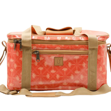 Load image into Gallery viewer, Pink patterned cooler bag with brown straps on a white background