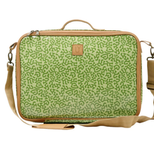 Load image into Gallery viewer, Green patterned laptop bag with brown strap on a white background
