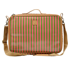 Load image into Gallery viewer, Pink & green striped laptop bag with a brown strap on a white background