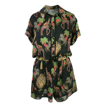 Load image into Gallery viewer, Black Rush jumpsuit with colourful animal and plant pattern on a white background