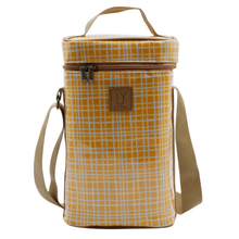 Load image into Gallery viewer, Yellow checkered insulated wine bag with a handle and shoulder strap on a white background