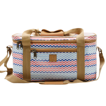 Load image into Gallery viewer, Red, white & blue wave-patterned cooler bag with brown straps on a white background