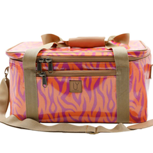 Load image into Gallery viewer, Orange & pink tiger print cooler bag with brown straps on a white background