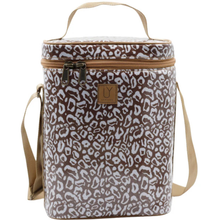 Load image into Gallery viewer, Leopard print cooler bag with brown leather straps on a white background