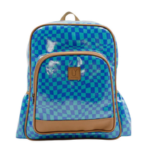 Load image into Gallery viewer, Blue checkered backpack with brown accents on a white background