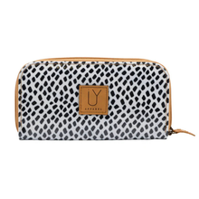 Load image into Gallery viewer, Black & white spotted wallet with a IY logo on a white background