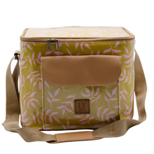 Load image into Gallery viewer, Yellow and pink leaf-patterned bag with a brown strap on a white background