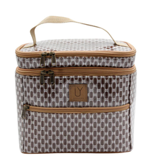 Load image into Gallery viewer, Brown & white patterned toiletry bag with brown zipper and handle on a white background