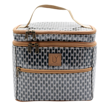 Load image into Gallery viewer, Patterned standup toiletry bag with brown zippers and handle on a white background