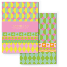 Load image into Gallery viewer, Two colorful patterned notebooks with geometric designs on a white background.